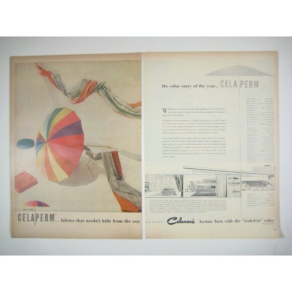 Vintage 1950s Celanese Celaperm Ad Print Fabric Story Design 2 Page Umbrella - Picture 1 of 2